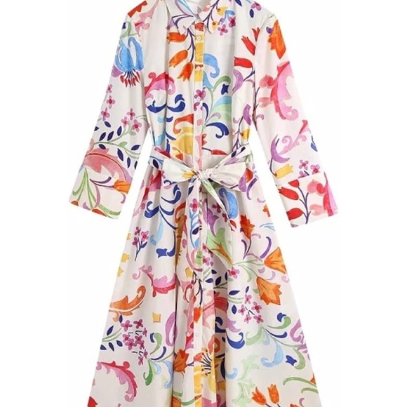 Zara Totem Floral Print Bow Sashes Midi Shirt Dress - Picture 10 of 13